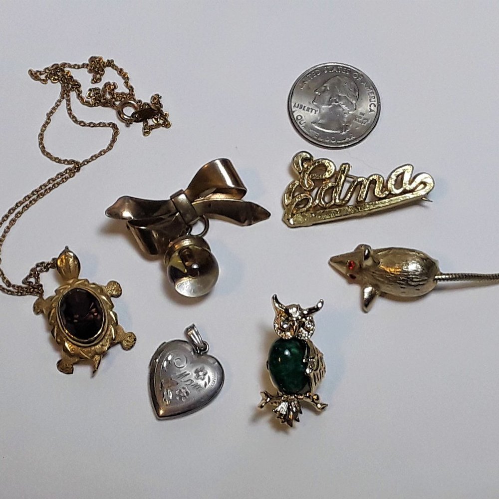 Vintage 60s Assorted Scatter Pins, Locket, Necklace, Mustard Seed, Name pin
